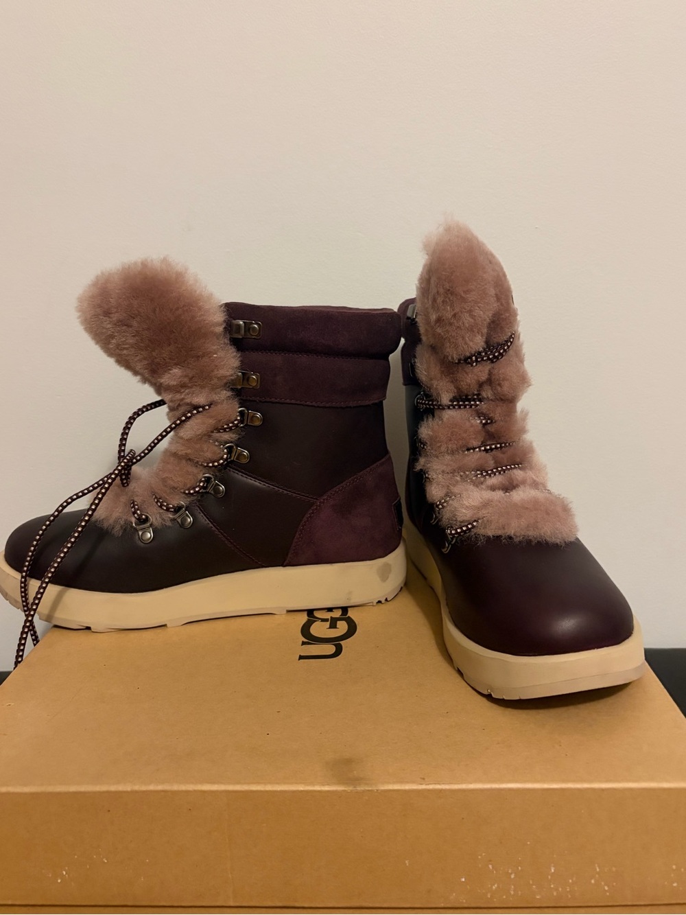 UGG Women's Brown Leather & Suede Winter Boots with Pink Shearling Trim